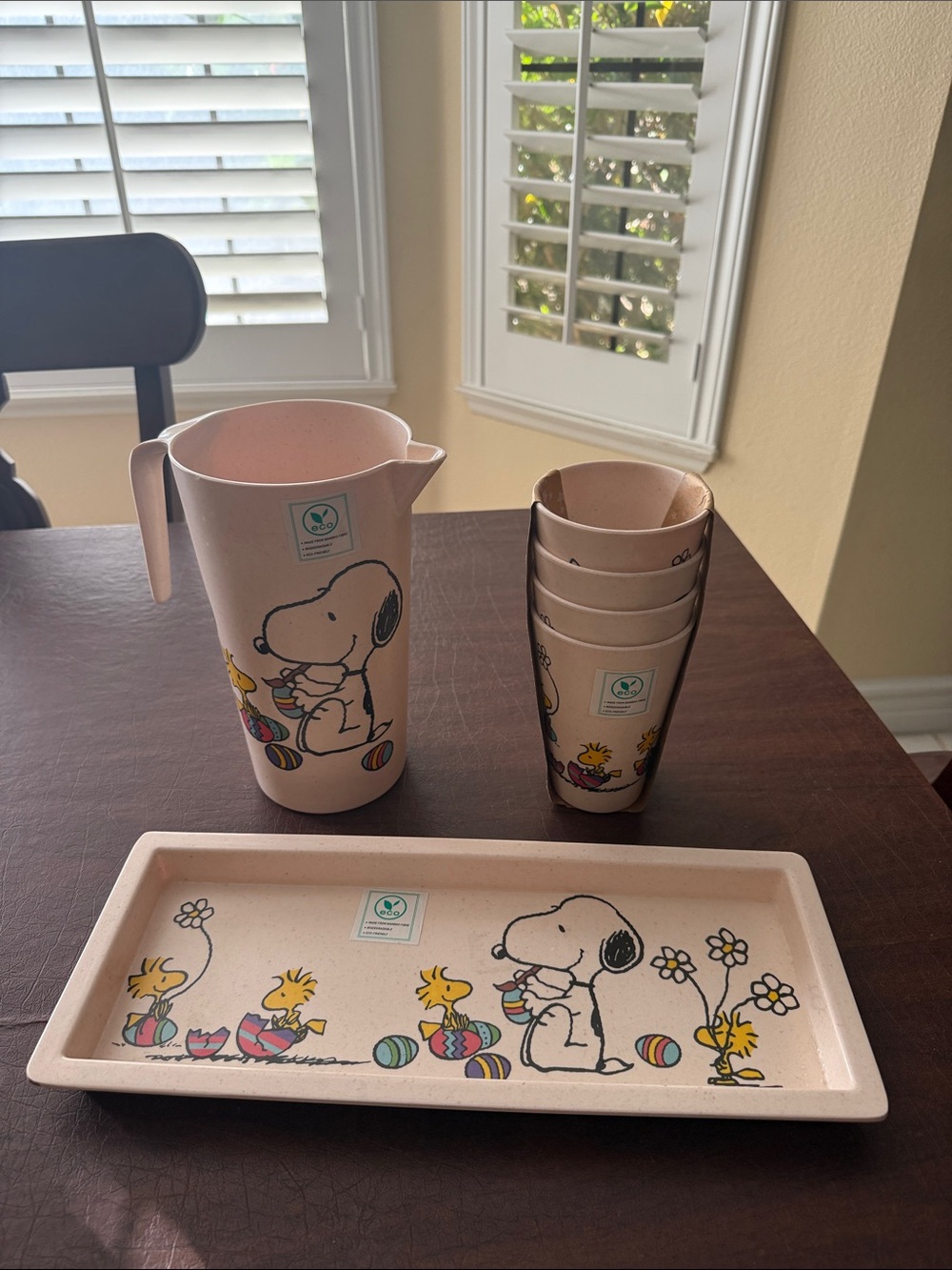 NWT Snoopy & Woodstock Easter Pitcher/Tray/Cups Set of 6; Eco-friendly Plastic